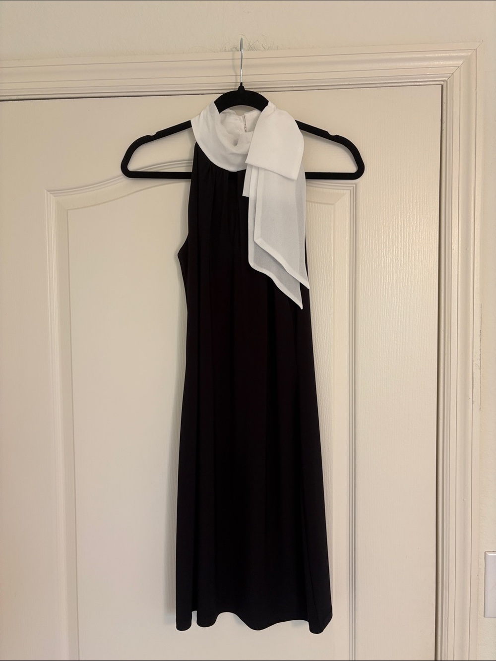 White House Black Market Black Midi Halter Dress with White Scarf Detail